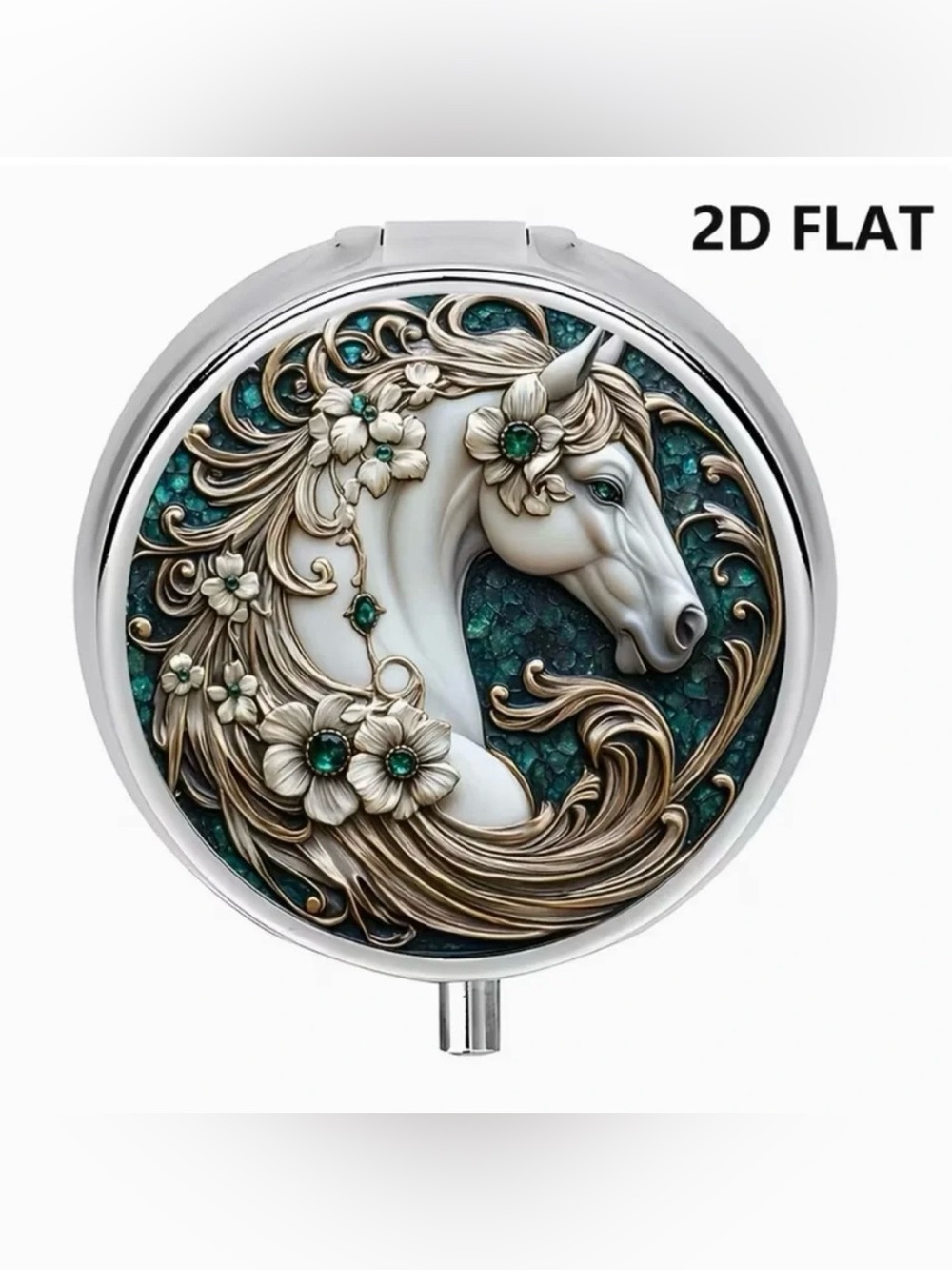 Horse Stallion Equine Theme Round Pill Organizer 3-Compartment Compact Pill Case